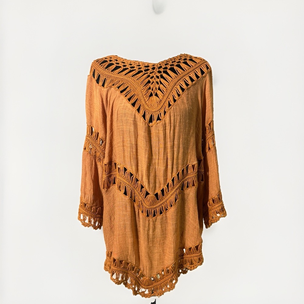 Vivid Women's 3X Rust Crochet Tunic Top Boho Open Knit 3/4 Sleeve Boho Fall